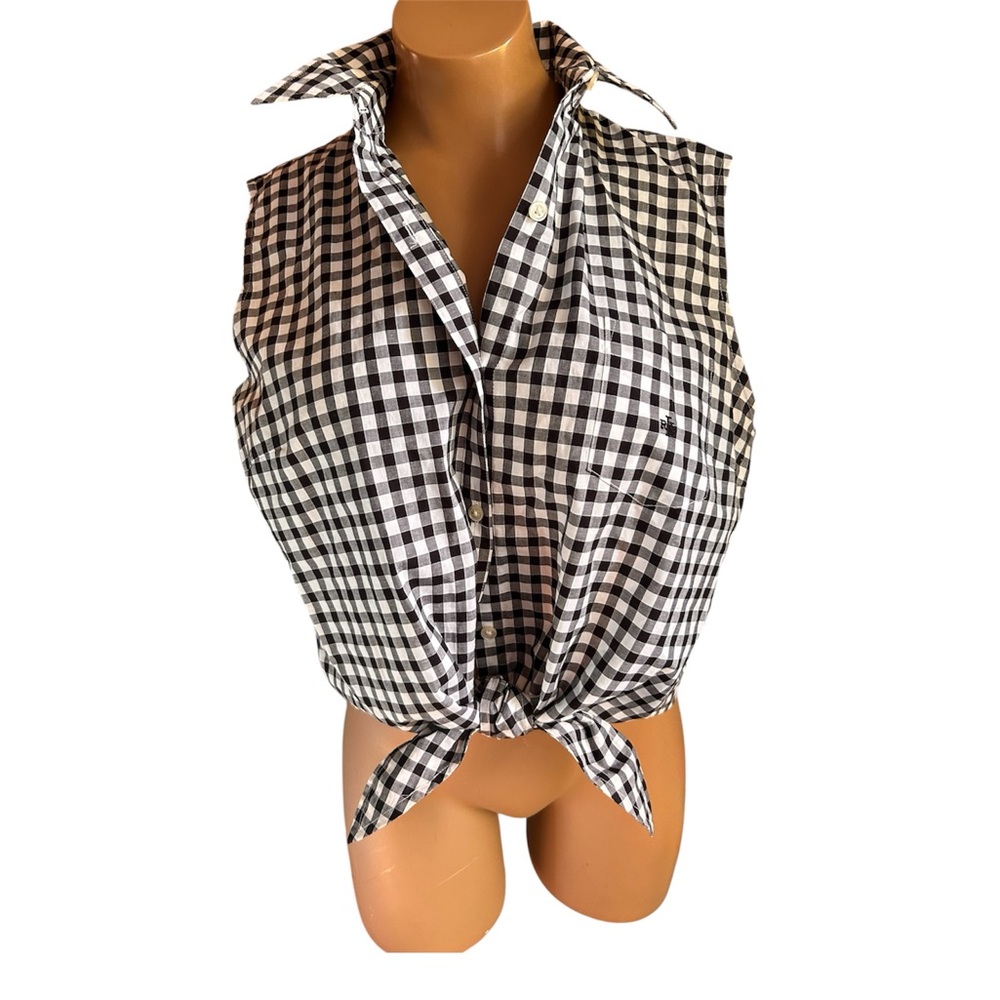 Ralph Lauren Black and White Checkered Women's Sleeveless Top with Front Tie